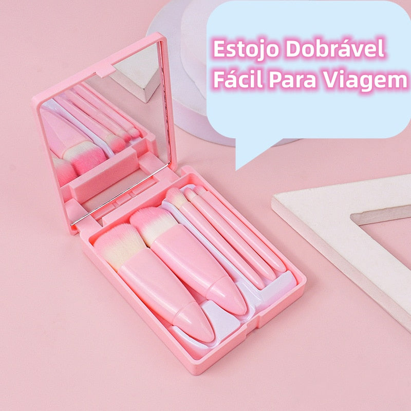 Kit Portátil de Maquiagem com Espelho Rosa